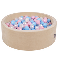 KiddyMoon Rundes Bällebad Schaumstoff Velvet Sensorik Spielzeug, Sandbeige: Babyblau/Puderrosa/Perle, 90 x 30 cm 200 Bälle