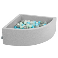 KiddyMoon Viertel Eckig Bällebad Bällepool ∅ 7Cm Ballgruben Für Babys Spielbad Kleinkinder, Hergestellt in der EU, hellgrau:perle/grau/transparent/babyblau/minze, 90 x 30 cm 300 Bälle