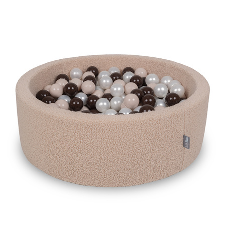 KiddyMoon Bällebad für Baby mit Teddy-Plüsch, Größere 7 cm Bälle für Eine Vollere Füllung, ab 8 Monaten, Abnehmbarer Bezug, Beige: Pastellbeige/Braun/Perle, 90 x 30 cm 200 Bälle