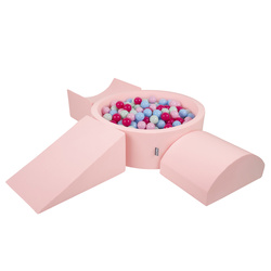 KiddyMoon Spielplatz aus Schaumstoff mit Bällebad und Bällen Hindernisläufen, pink:puderrosa/dunkelpink/babyblau/minze, Bällebad (300 Bälle) + Version 4