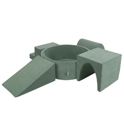 KiddyMoon Spielplatz Velvet Aus Schaumstoff Mit Samt Rund Bällebad Ballgruben Für Babys Spielbad Hindernisläufen, Hergestellt In Der EU, waldgrün: dunkeltürkis/pastellbeige/grüngrau/lachsfarben, Bällebad (200 Bälle) + Version 3