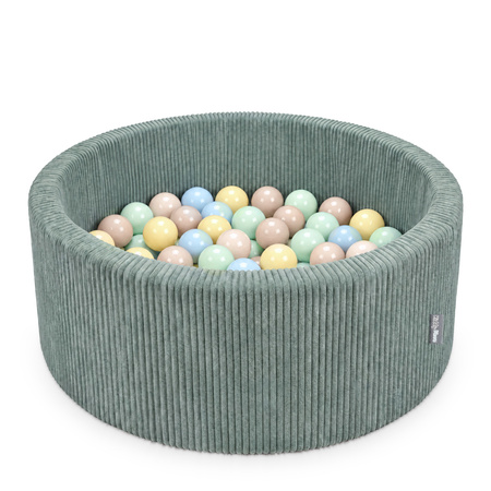 KiddyMoon Bällebad Für Kinder Aus Schaumstoff, 90 X 30 cm, Weicher Rippbezug, Abnehmbarer Bezug, Weiches Und Sicheres Spielzeug, Waschbar, grün:pastellbeige/pastellblau/pastellgelb/minze, 90x30cm/100 Bälle