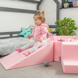 KiddyMoon Spielplatz aus Schaumstoff mit Bällebad und Bälle Hindernisläufen, pink:pastellblau/pastellgelb/weiß/minze/puderrosa, Bällebad (200 Bälle) + Version 6