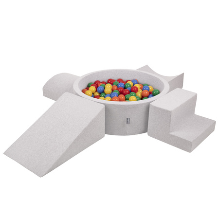 KiddyMoon Spielplatz aus Schaumstoff mit Bällebad und Bällen Hindernisläufen, hellgrau:gelb/grün/blau/rot/orange, Bällebad (300 Bälle) + Version 5