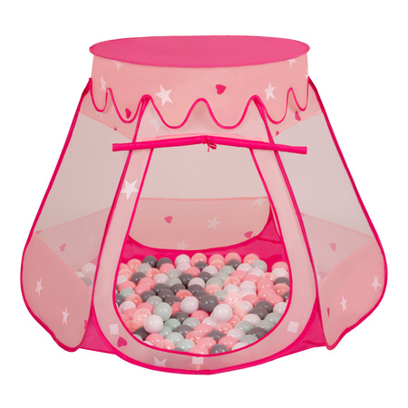 Baby Spielzelt Mit Plastikbällen Für Kinder Leicht und Kompakt ideal für Drinnen Und Draußen Fördert Sensorische Integration Schneller Aufbau, pink:weiß-grau-mint-puderrosa, 200 Bällen