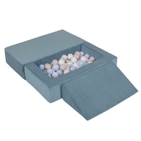KiddyMoon Kindersofa Modular mit Weichem Zwickel und Bällen Für Kinderzimmer Bequem Vielseitig Gerippter Stoff Abnehmbarer Bezug Perfekt zum Spielen und Entspannen, blau: pastellbeige/pastellblau/weiß/perle, Sofa/Zwickel + 100 Bälle