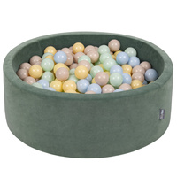 KiddyMoon Rund Bällebad Velvet Bällepool ∅ 7Cm Ballgruben Für Babys Spielbad Kleinkinder, Hergestellt in der EU, waldgrün: pastellbeige/pastellblau/pastellgelb/minze, 90 x 30 cm 300 Bälle