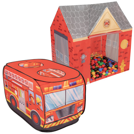 Feuerwehrauto Zelt Und Feuerwache Zelt Spielhaus Für Kinder Spielzelt Set Faltbar Pop Up Indoor Outdoor Rollenspiel Geschenk Für Jungen Mädchen Abenteuer PH-400X+PH-500X, rot:schwarz/gelb/blau/rot/grün, 300 Bälle