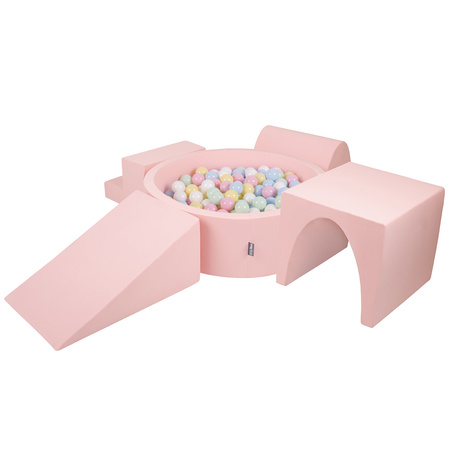 KiddyMoon Spielplatz aus Schaumstoff mit Bällebad und Bällen Hindernisläufen, pink:pastellblau/pastellgelb/weiß/minze/puderrosa, Bällebad (300 Bälle) + Version 3
