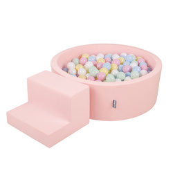 KiddyMoon Spielplatz aus Schaumstoff mit Rund Bällebad (200 Bälle) Ballgruben für Babys Spielbad Hindernisläufen, Hergestellt in der EU, pink:pastellblau/pastellgelb/weiß/minze/puderrosa, Bällebad (100 Bälle) + Stüfchen