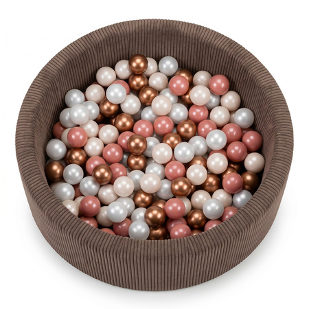 KiddyMoon Bällebad für Kinder aus Schaumstoff, weicher Rippbezug, abnehmbarer Bezug, waschbar, Braun: Pastellbeige/Kupfer/Perle/Lachsfarbe, 90 x 30 cm 200 Bälle