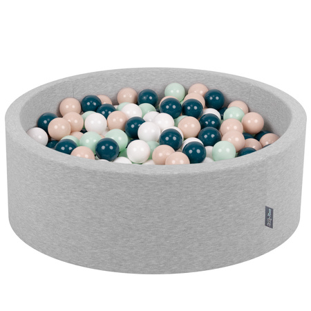 KiddyMoon Bällebad Bällepool mit bunten Bällen ∅ 7Cm  für Babys Kinder Rund, hellgrau:dunkeltürkis/pastellbeige/weiß/minze, 90x30cm/300 Bälle