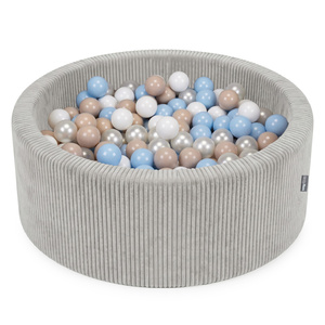 KiddyMoon Bällebad Für Kinder Aus Schaumstoff, 90 X 30 cm, Weicher Rippbezug, Abnehmbarer Bezug, Weiches Und Sicheres Spielzeug, Waschbar, hellgrau: pastellbeige/pastellblau/weiß/perle, 90x30cm/200 Bälle