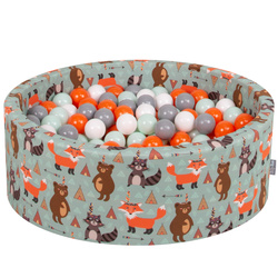 KiddyMoon Rund Bällebad Bällepool ∅ 7Cm Ballgruben Mit Bunten Bällen Für Babys Spielbad Kleinkinder, Hergestellt in der EU, Füchse-grün:orange/mint/grau/weiß, 90x30cm/200 Bälle