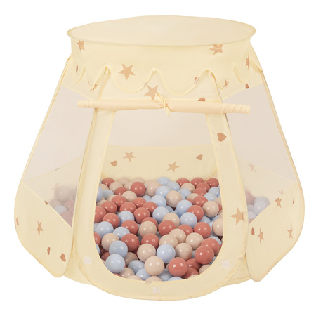 Baby Spielzelt Mit Plastikbällen Für Kinder Leicht Und Kompakt Ideal Für Drinnen Und Draußen Fördert Sensorische Integration Schneller Aufbau, Hellbeige: Pastellbeige/Pastellblau/Lachsfarben, 100 Stück