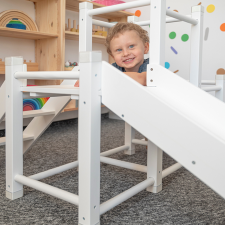 KiddyMoon Klettergerüst Indoor Holz Spielplatz Mit Rutsche Anti-Rutsch Pads Stabile Konstruktion, weiß, UNI