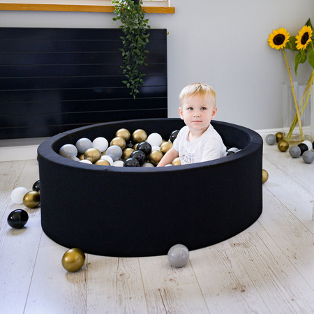 KiddyMoon Bällebad Bällepool mit bunten Bällen ∅ 7Cm  für Babys Kinder Rund, schwarz:weiß/grau/schwarz/gold, 90x30cm/200 Bälle