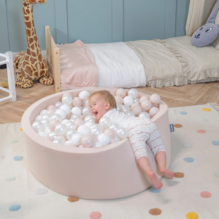 KiddyMoon Rundes Bällebad mit Bällen für Baby aus Schaumstoff, beige:pastellbeige/weiß/perle, 90 x 30 cm 200 Bälle