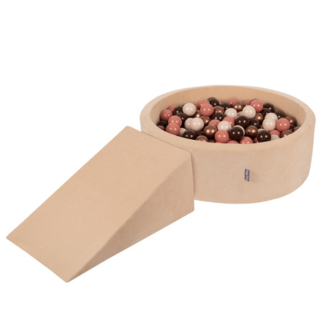 KiddyMoon Spielplatz Velvet  Aus Schaumstoff Mit Samt Rund Bällebad Ballgruben Für Babys Spielbad Hindernisläufen, Hergestellt In Der EU, sandbeige:braun/kupferrot/pastellbeige/lachsfarben, Bällebad (200 Bälle) + Zwickel