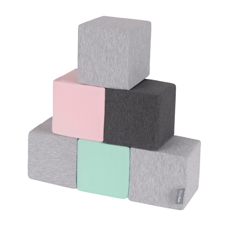KiddyMoon Schaumstoff Würfel für Baby Weiche Blöcke Schaum Spielzeug Montessori-Spielzeug mit Schaum und viel Spaß für Kinder, Hergestellt in der EU, Blöcke: hellgrau-dunkelgrau-pink-mint, 6 Stücke