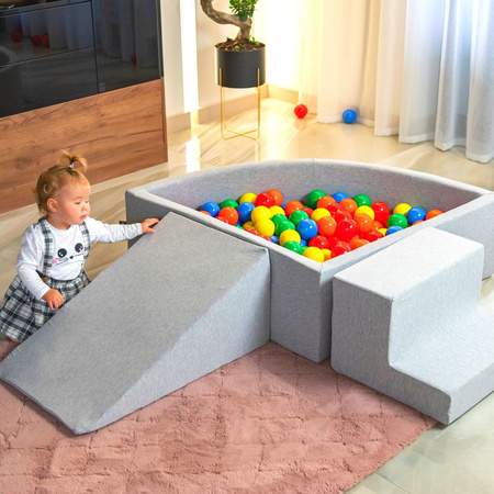 KiddyMoon Spielplatz Schaumstoff mit Viertel Eckig Bällebad Bälle Hindernisläufe, hellgrau:perle/grau/transparent/puderrosa, Bällebad (300 Bälle) + Version 4
