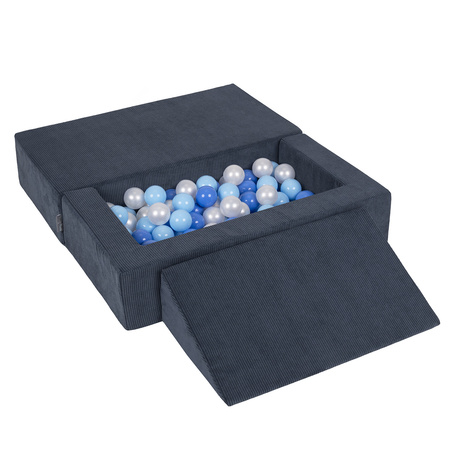 KiddyMoon Kindersofa Modular mit Weichem Zwickel und Bällen Für Kinderzimmer Bequem Vielseitig Gerippter Stoff Abnehmbarer Bezug Perfekt zum Spielen und Entspannen, dunkelblau: babyblau/blau/perle, Sofa/Zwickel + 100 Bälle