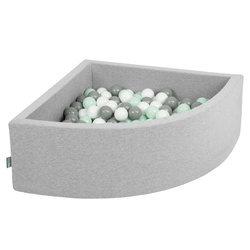 KiddyMoon Viertel Eckig Bällebad Bällepool ∅ 7Cm Ballgruben Für Babys Spielbad Kleinkinder, Hergestellt in der EU, hellgrau:weiß/grau/minze, 90x30cm/200 Bälle