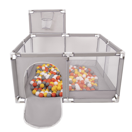 Laufstall mit Korb und Bällen Laufgitter für Kinder, Grau:gelb/weiß/grau/orange, 200 Bälle