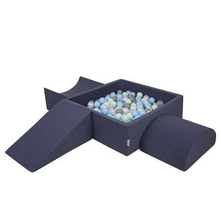 KiddyMoon Spielplatz aus Schaumstoff mit Quadrat Bällebad Bälle Hindernisläufen, dunkelblau:perle/grau/transparent/babyblue/minze, Bällebad (300 Bälle) + Version 4