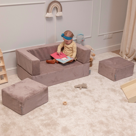KiddyMoon Kindersofa und Bällen Für Kinder Weiches Schaumstoff-Sofa Leich Modulares Sofa Vielseitig Abnehmbarer Bezug Perfekt für Spiel Lernen und Entspannung, dunkelbeige: pastellbeige/pastellblau/weiß/perle, Sofa + 100 Bälle