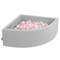 KiddyMoon Viertel Eckig Bällebad Bällepool ∅ 7Cm Ballgruben Für Babys Spielbad Kleinkinder, Hergestellt in der EU, hellgrau:puderosa/perle/transparent, 90 x 30 cm 200 Bälle