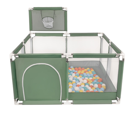 Laufstall mit Korb und Bällen Laufgitter für Kinder, grün:weiß/gelb/orange/babyblau/türkis, 200 Bälle