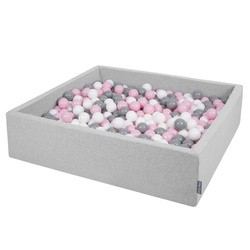 KiddyMoon Quadrat Bällebad Bällepool ∅ 7Cm Eckig Ballgruben Für Babys Spielbad Kleinkinder, Hergestellt in der EU, hellgrau:weiß-grau-puderrosa, 120x30cm/200 Bälle